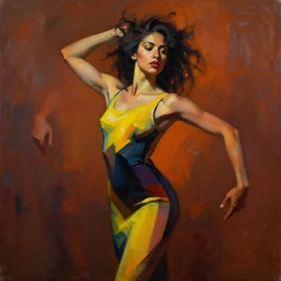 detailed full body portrait in daring femininity, ethnic, realistic face sculpted features, statuesque dancer, bold striking one piece form fitting dress, tousled hair, warm cast, bathed in light, filmic, chiaroscuro, fluorescent accents, specular highlights, angular impressionism, radiant, deep rich tones, contemporary art, oil on canvas