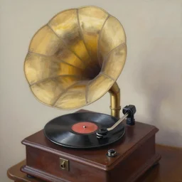 Oil painting of a gramophone with a disc