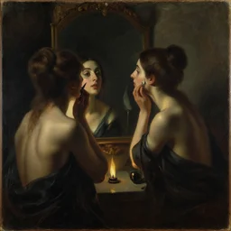 oil painting on wood. contrasting color palette. 1 8 9 6. women putting on makeup in front of a mirror herbert james draper, sir lawrence alma - tadema, john william godward. epitome of baroque. gloomy atmosphere. lit by flame. chiaroscuro. cinematic criterion composition by kurosawa, kubrick.. tricks of illusion to create atmospheric depth. dark shadows.