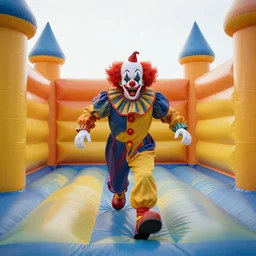 , chased by a scary clown in an infinite liminal space made of bouncy castle, highly detailed, 8 k, hdr, smooth, sharp focus, high resolution, award - winning photo