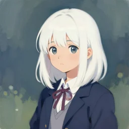 a cute girl with cut to shoulder white hair wearing school uniform, strong brush stroke, sharp focus, illustration, morandi color scheme, art station, by ilya kuvshinov