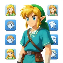 “ zelda ” anime in the style of 1 9 8 0 s “ studio ghibli ”, with a video - game user - interface and icons, featuring “ link ” with a fairy in the “ hyrule ” overworld fighting against an octorok and a moblin, and link in a dungeon labyrinth fighting against a dodongo and a gohma, and link talking to “ princess zelda ” and the “ king of hyrule ” in their castle.