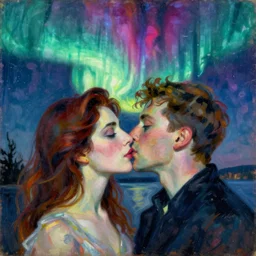 close portrait of woman and man kissing. aurora borealis. iridescent, psychedelic colors. painting by balthus, agnes pelton, utamaro, monet