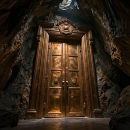the underground cave has a huge bronze door, bronze material, dark and spectacular atmosphere ， super wide angle ， matte painting ， rtx on ， trending on cgsociety and artstation, unreal engine ， volumetric light ， surreal