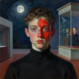shadow - realm entity, the young moon paints itself red, cicadas grow quiet, the cold breeze solemnly swept off the deadliest deeds, loudly unnoticed, avant garde post - morden monumental dynamic interior portrait by magritte and edward hopper, inspired by william blake and gaugin, illusion surreal art, highly conceptual figurative art, intricate detailed illustration, controversial poster art