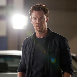 benedict cumberbatch as bryan oconner from the fast and furious movie still, cinematic lighting, ray tracing, octane render, long lens, shallow depth of field, bokeh, anamorphic lens flare, 8 k, hyper detailed, 3 5 mm film grain