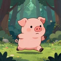 fearful cartoonish cute anthropomorphic pig running, in a mystical forest full of wonders, pine trees, magical atmosphere, trending on artstation, 30mm, by Noah Bradley trending on ArtStation, deviantart, high detail, stylized portrait