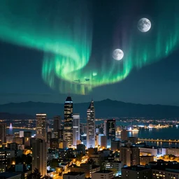 futuristic city, aurora borealis, mountains in the distance, multiple moons,  ignis fatuus