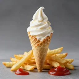 a beautiful cone of icecream with french fries and ketchup on it, food photography, studio lighting