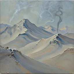 dreamy mountains, wavy, pallete knife, grains, impasto, paint pour, fractal, oil on canvas, smoke tendrils, in the style of yago hortal, lindsay kennedy, louise zhang, james jean, victor charreton, detail, 4 k, clay, 3 d render,