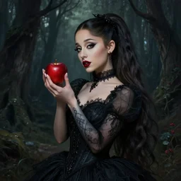 beautiful gothic Ariana Grande holding a Red Poison Apple, Black Hair, dark forest, black dress, intricate, elegant, highly detailed, digital painting, artstation, concept art, smooth, sharp, focus, illustration, art by artgerm and greg rutkowski and alphonse mucha
