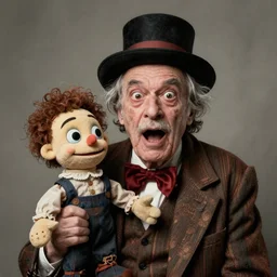 hyper realistic old 1 9 8 0 photography of lunatic mad scared ventriloquist old man with terrific haunted small human faced puppet