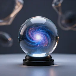 studio photo of a growing universe inside a crystal ball, on a table, random volumetric lighting background, studio lighting