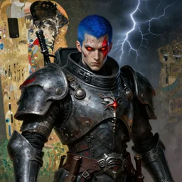 portrait of gothic and futuristic young man, warhammer, cyberpunk armor, a lot of scars, thunderstorm, blue head, fire eyes, some red, the middle ages, highly detailed, artstation, in the style of moebius, jugendstil and classic japanese print, art by greg rutkowski and gustav klimt
