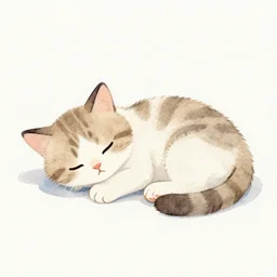 simplistic painting of kitten sleeping, watercolor, cute