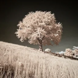 infrared photography, beautiful lone tree on a hill by david keochkerian and mike irwin, ir filter, astrophotography