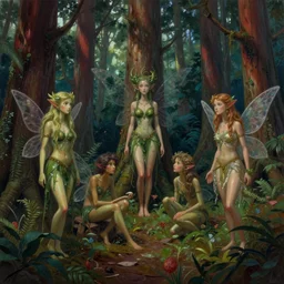 detailed painting of fairy dryads in a redwood forest, in the style of peter mohrbacher, james jean, artgerm, dramatic lighting and composition, surreal background, octane render, pixar, trending on artstation, concept art, comic book, 8 k