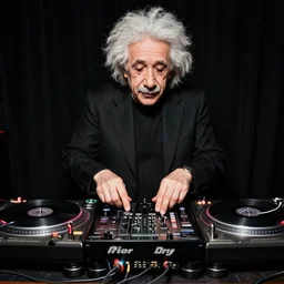 Einstein DJing with DJ turntables, photoreal