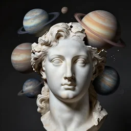 planets coming out of a broken renaissance head sculpture, hyper - realistic, in the style of tony santos
