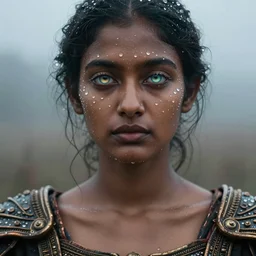 full shot of a regal brown - skinned south asian woman wearing an intricate and detailed armor made of dew drops. dew drops around eyes. refracted light. morning dew. delicate. translucent. haunting eyes. vulnerable. fragile. ethereal. refracted light. by ray caesar. by louise dahl - wolfe. by andrea kowch. by tom bagshaw. surreal photography.