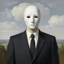 portrait of a faceless white - masked - head man in a suit and black gloves, clouds and nature landscape in the background, by rene magritte, detailed painting, distance, centered, hd, hq, high resolution, high detail, 4 k, 8 k