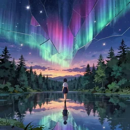 reimu walking in cloud pond forest dusk, fractal dreamscape, shattered sky cinematic, shooting stars, aurora borealis mirror reflection, vibrant colors, digital anime illustration, award winning, by makoto shinkai