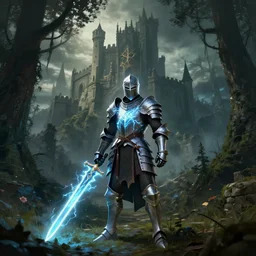 knight with armor of neon, sword lightnings, front a castle in great forest elden ring, by greg rutkowski - artstation, realistic, 4 k