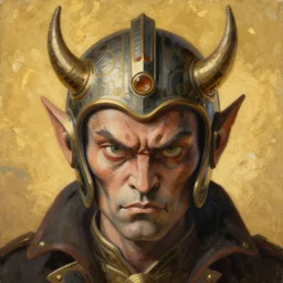 breathtaking soft painting of angry devil with an intricate retrofuturistic helmet in a golden sky, realistic symmetrical face features, rembrandt style, elegant, highly detailed, artstation, concept art, matte, sharp focus, art by tom bagshaw, and greg rutkowski