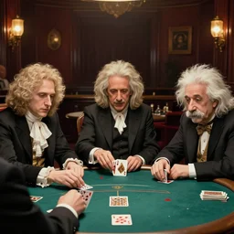 playing poker in a saloon, Isaac Newton and Stephen Hawking and Albert Einstein, trending on artstation, Richard Schmid and norman rockwell