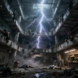 low angle photo of a abandoned cyberpunk shopping mall, dead bodies flying, cinematic lightning, ray tracing, unreal engine, photorealistic, detailed, dark, moody, foggy, scary