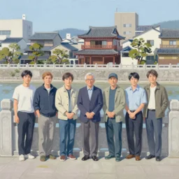painting of a stone railing urban japanese city in the background, front view, calm, sunny day, artwork by jeremy lipkin and giuseppe dangelico pino and michael garmash and rob rey and greg manchess and huang guangjian and makoto shinkai, sharp edges, simple form, 1 0 0 mm
