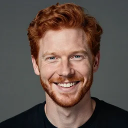 a portrait of a smiling redhead man, by david palumbo