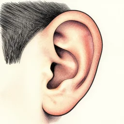 ink drawing of an ear, fine dot shading, retro flat colors