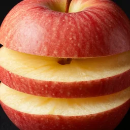 an apple with the texture and color of leather, sliced in thirds, close up award winning digital photography