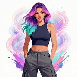 a award winning half body portrait of a beautiful woman in a croptop and cargo pants with ombre purple pink teal hairstyle and hands in pockets by ari liloan, surrounded by whirling illuminated lines, paint splashes and splatter, outrun, vaporware, shaded flat illustration, digital art, trending on artstation, highly detailed, fine detail, intricate