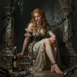 classical damzel in distress sitting in dungeon in chains, bottle near, dnd fantasy digital art, high detail, realistic