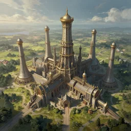 aerial view of an utopic medieval fantasy power plant by ralph horsley, rossdraws, matte painting, stylized background, cinematic lighting, maya, pixar, unreal engine, artstation