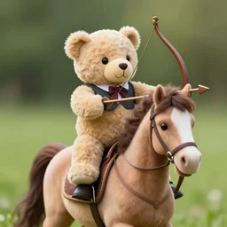 a teddy bear riding a horse with a bow and arrow