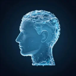 icon of a realistic human head made out of water, dark background