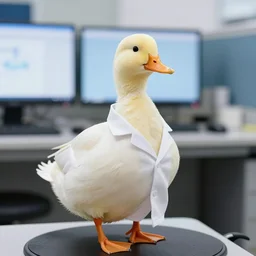 a duck wearing a labcoat, computers in the background