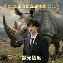 wet plate photography, young asian man in black suit, giant rhinoceros in background