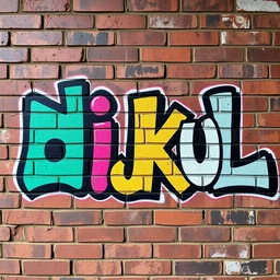 the letters d i j i k u l written in graffiti on a brick wall in colorful font