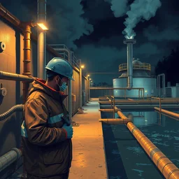 working the night shift at a water treatment facility, highly detailed in the art style of realism