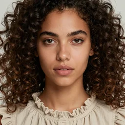 photo of woman with curly hair, ruffly dress. symmetrical face. symmetrical detailed defined eyes..