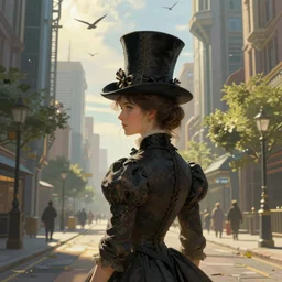 portrait of a victorian lady with a tall hat in a futuristic city, from behind, streets, birds in the sky, sunlight and rays of light shining through trees, tall buildings on the sides, beautiful, solarpunk!!!, highly detailed, digital painting, trending on ArtStation