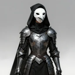 female plague doctor donning a black hood, armor and a white crow mask, trending on artstation