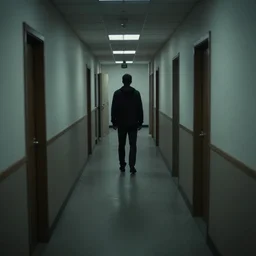 a dark figure at the end of a creepy empty office hallway. found footage craiglist photo. in color