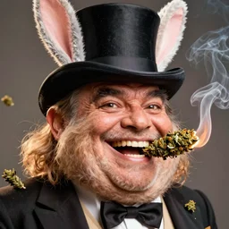 hyper realistic, close up portrait of a explosive mega derpy mr. bean, big chungus, with bunny ears, and a large top hat, smoking massive amounts of weed, big smile, buck teeth, by greg rutkowski, scott m fischer, artgerm, loish, slight glow, atmospheric, anne stokes, alexandros pyromallis, 4 k, 8 k