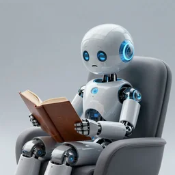 futuristic lonely matte gray and glossy white and translucent blue humanoid robot with huge comically sad OLED eyes and open rectangular mouth sits facing to the left, reading a hardbound leather book on a large comfortable cushioned midcentury chair. Cinematic Lighting, Cinematic Movie Photograph, Arri Alexa, Extremely Detailed, smooth, very very clean, simple, 8K, octane render, maya render, unreal engine, trending on artstation, DSLR
