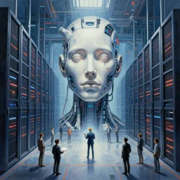 professional painting of monumental conscious supercomputer with huge - cybernetic - face!!!! in the center of endless colossal server room talking with small people, trending on artstation, cyberpunk, sci - fi, futuristic, by greg rutkowski and maciej kuciara, high quality